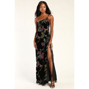 Lulus Luxurious Romance Black Floral Burnout Velvet One-shoulder Dress - Size M